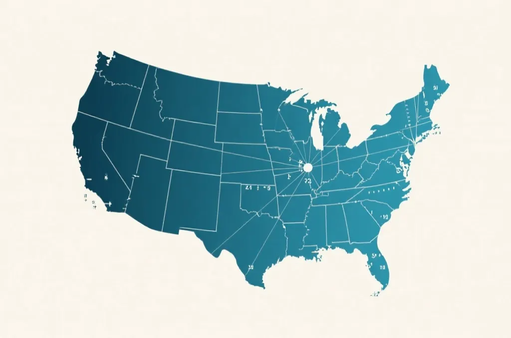 Abstract clean map graphic representing North American flight paths and time zones