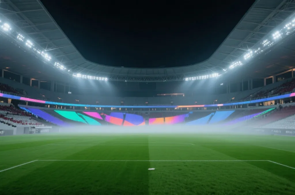 A wide-angle editorial shot of a massive modern sports stadium glowing under night lights, featuring a clean green grass field and abstract colorful lights in the spectator stands.